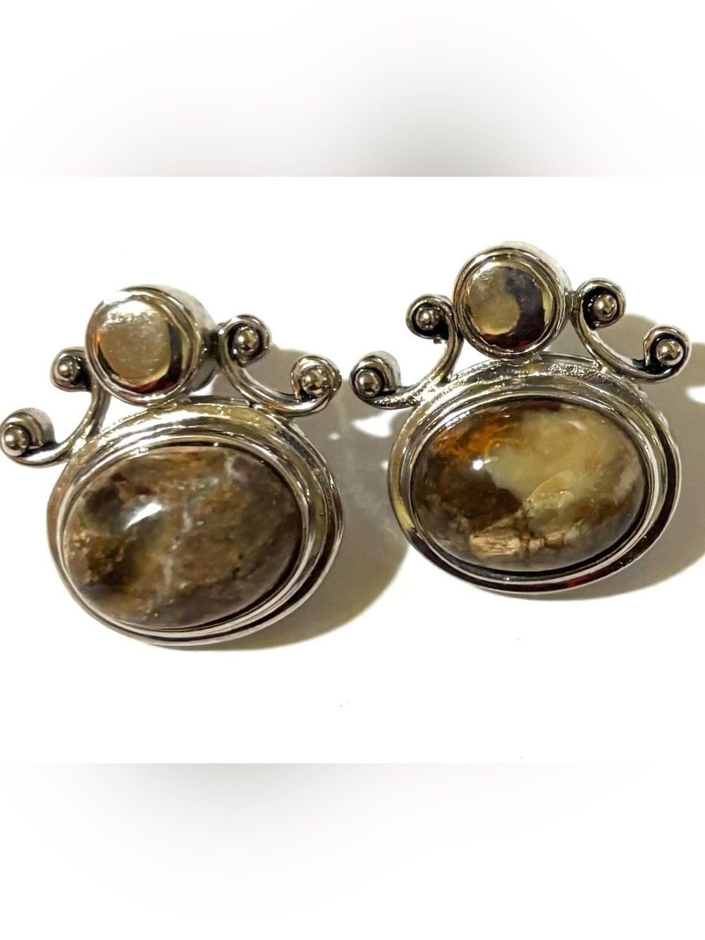 Vintage Silver Brown Agate Scroll Drop Earrings